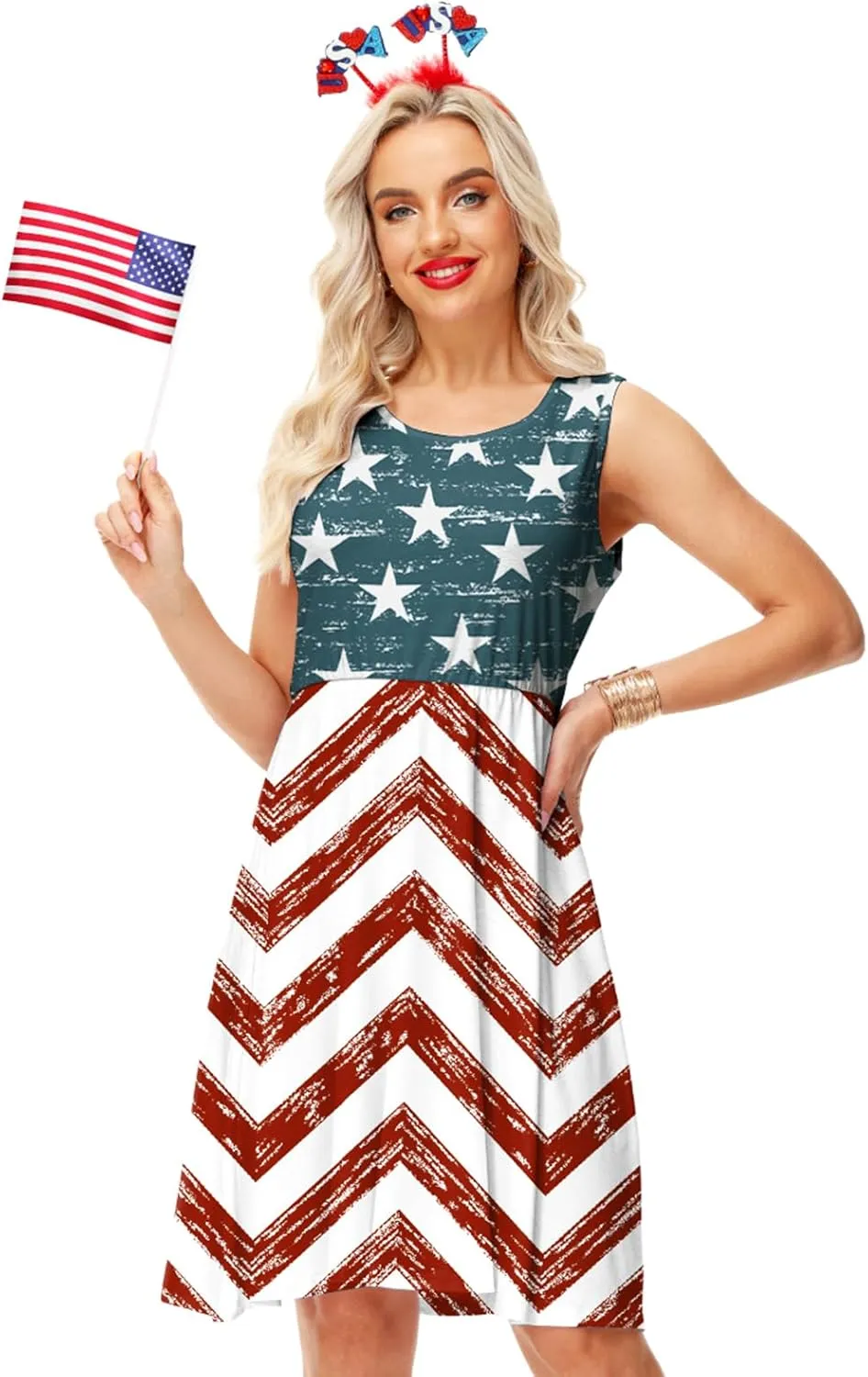 Deerose 4th of July Dress for Women Sleeveless American Flag Patriotic Elastic High Waist Sundress