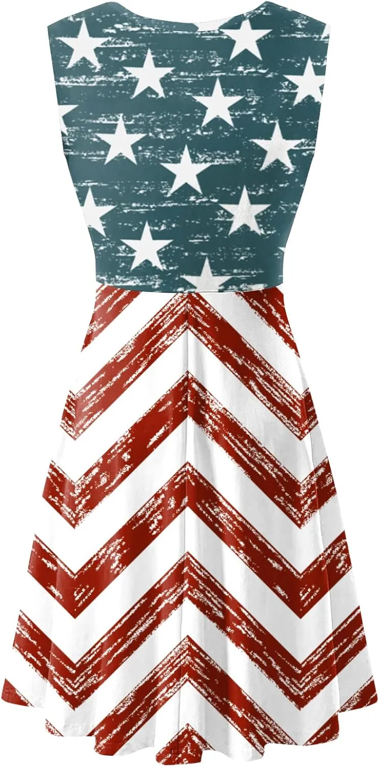 Deerose 4th of July Dress for Women Sleeveless American Flag Patriotic Elastic High Waist Sundress