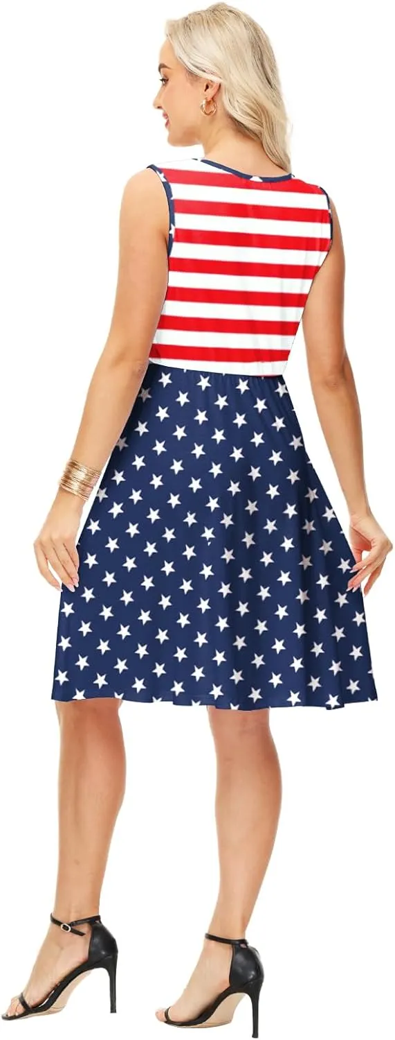 Deerose 4th of July Dress for Women Sleeveless American Flag Patriotic Elastic High Waist Sundress