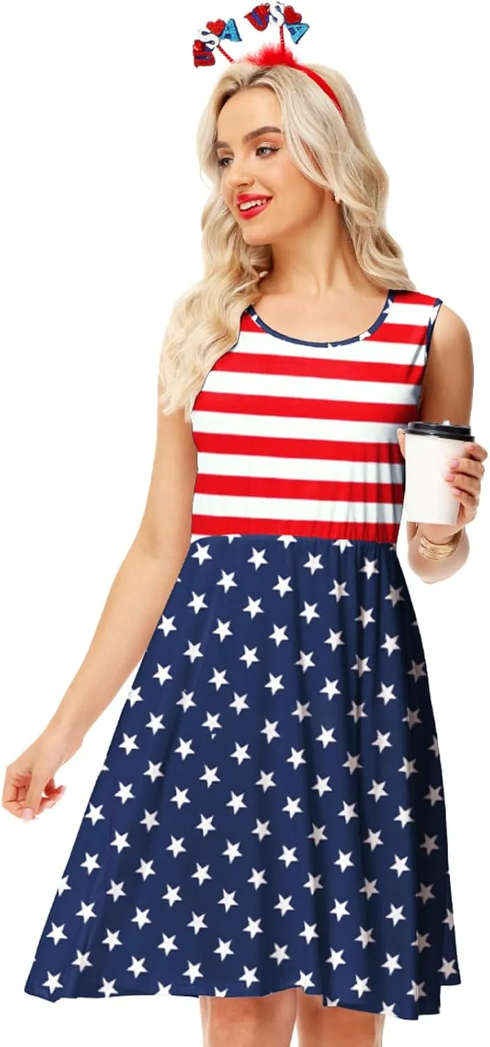 Deerose 4th of July Dress for Women Sleeveless American Flag Patriotic Elastic High Waist Sundress