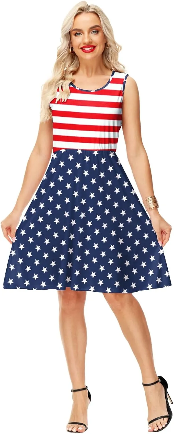 Deerose 4th of July Dress for Women Sleeveless American Flag Patriotic Elastic High Waist Sundress