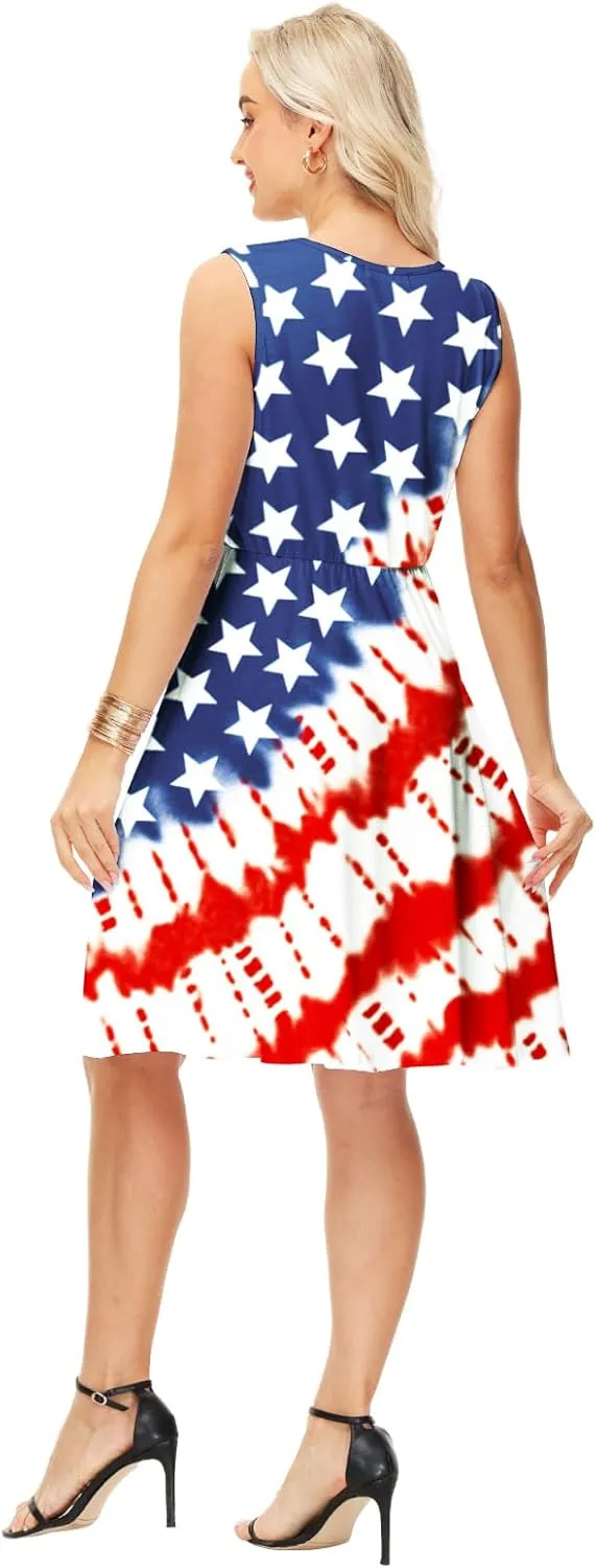 Deerose 4th of July Dress for Women Sleeveless American Flag Patriotic Elastic High Waist Sundress