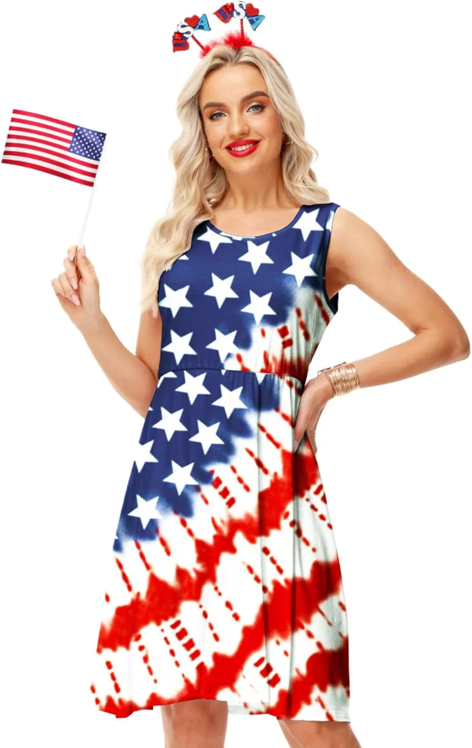 Deerose 4th of July Dress for Women Sleeveless American Flag Patriotic Elastic High Waist Sundress