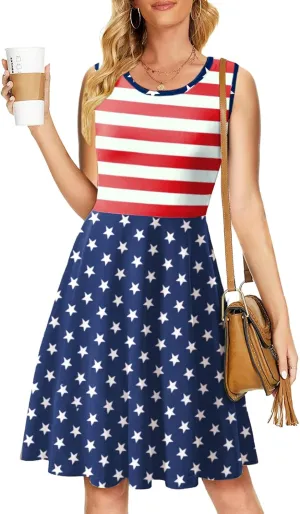 Deerose 4th of July Dress for Women Sleeveless American Flag Patriotic Elastic High Waist Sundress