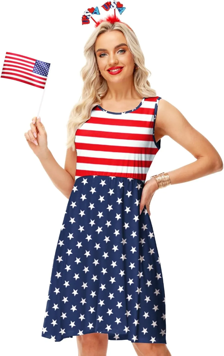 Deerose 4th of July Dress for Women Sleeveless American Flag Patriotic Elastic High Waist Sundress