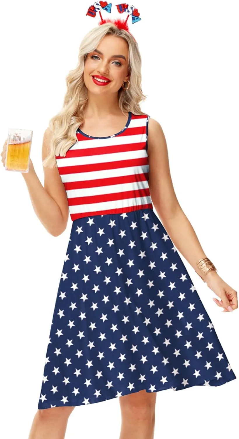 Deerose 4th of July Dress for Women Sleeveless American Flag Patriotic Elastic High Waist Sundress