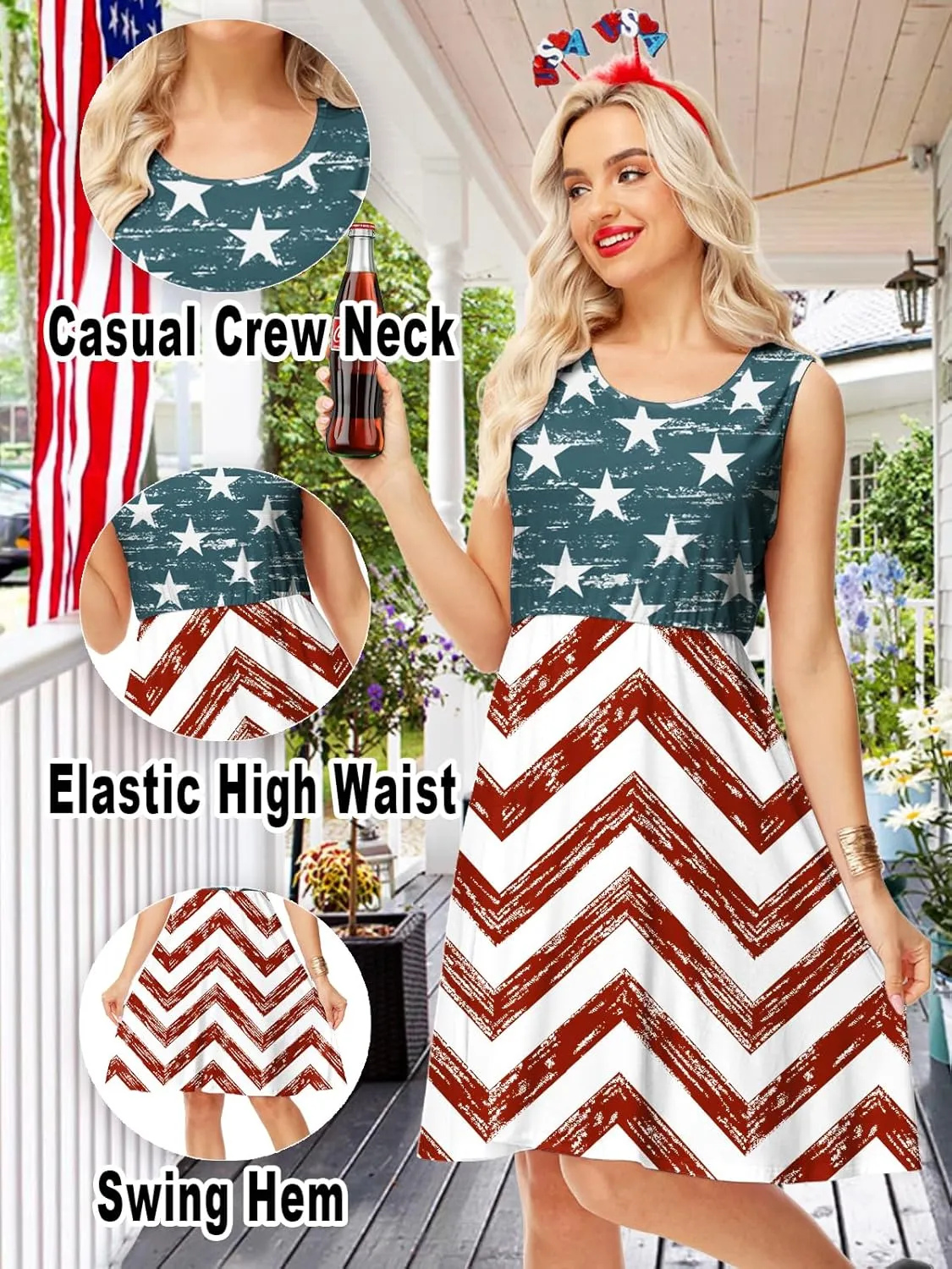Deerose 4th of July Dress for Women Sleeveless American Flag Patriotic Elastic High Waist Sundress