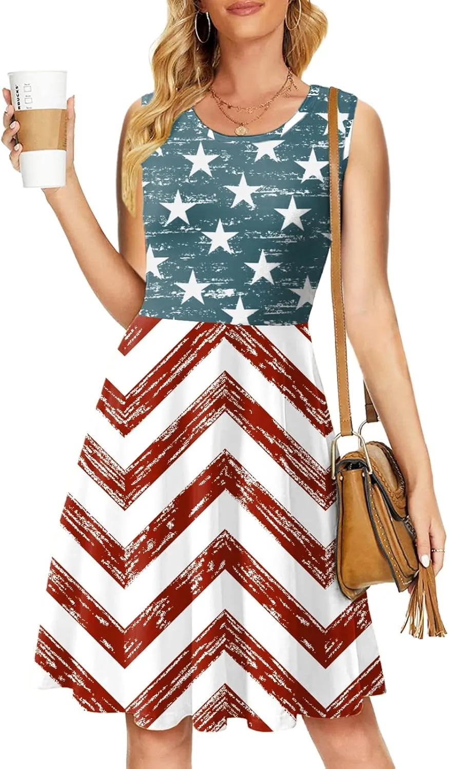 Deerose 4th of July Dress for Women Sleeveless American Flag Patriotic Elastic High Waist Sundress