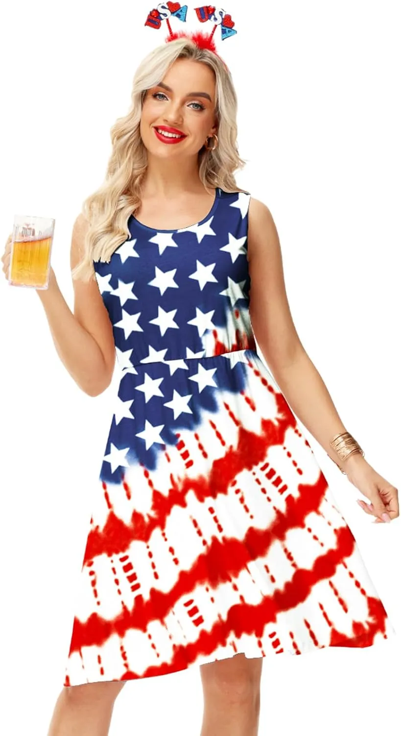 Deerose 4th of July Dress for Women Sleeveless American Flag Patriotic Elastic High Waist Sundress