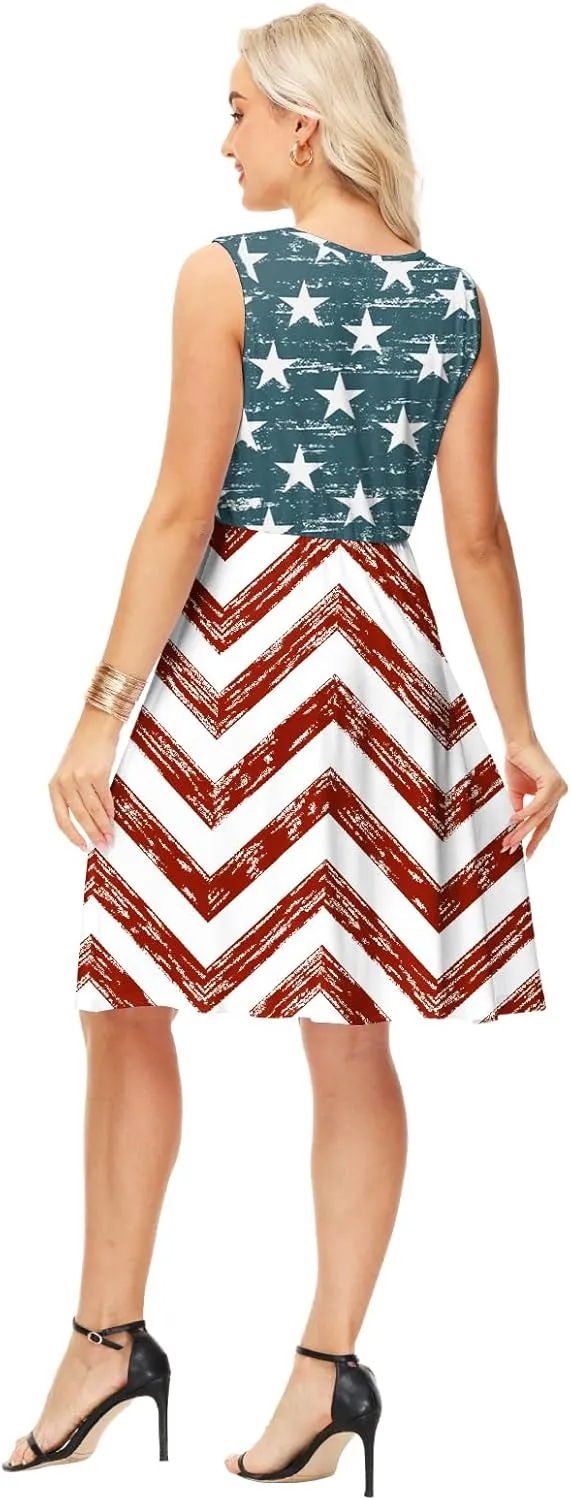 Deerose 4th of July Dress for Women Sleeveless American Flag Patriotic Elastic High Waist Sundress