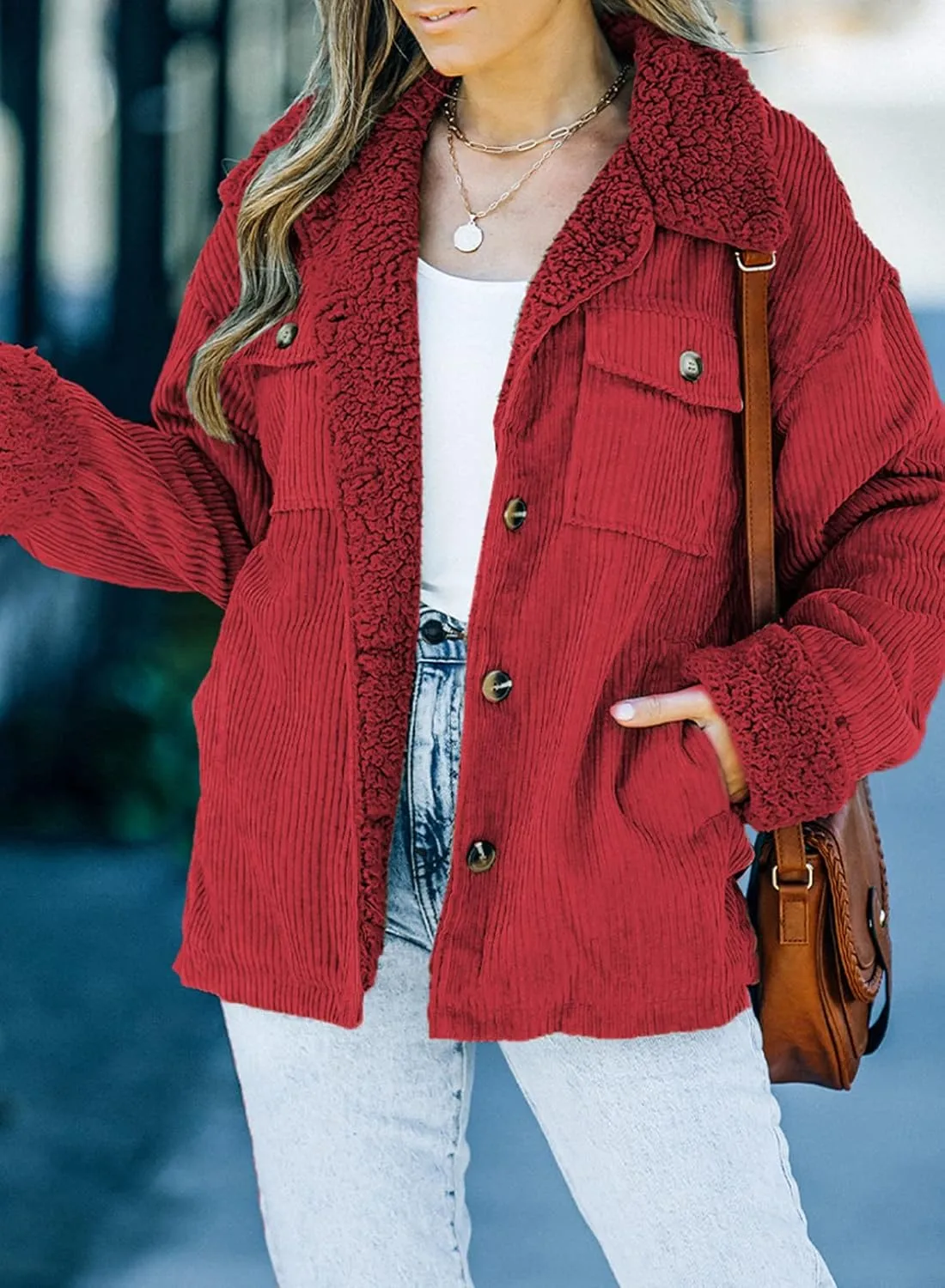 Dokotoo Corduroy Sherpa Jacket for Women Button Down Fleece Fur Collar Winter Warm Coat