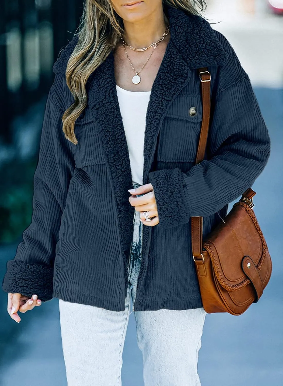 Dokotoo Corduroy Sherpa Jacket for Women Button Down Fleece Fur Collar Winter Warm Coat