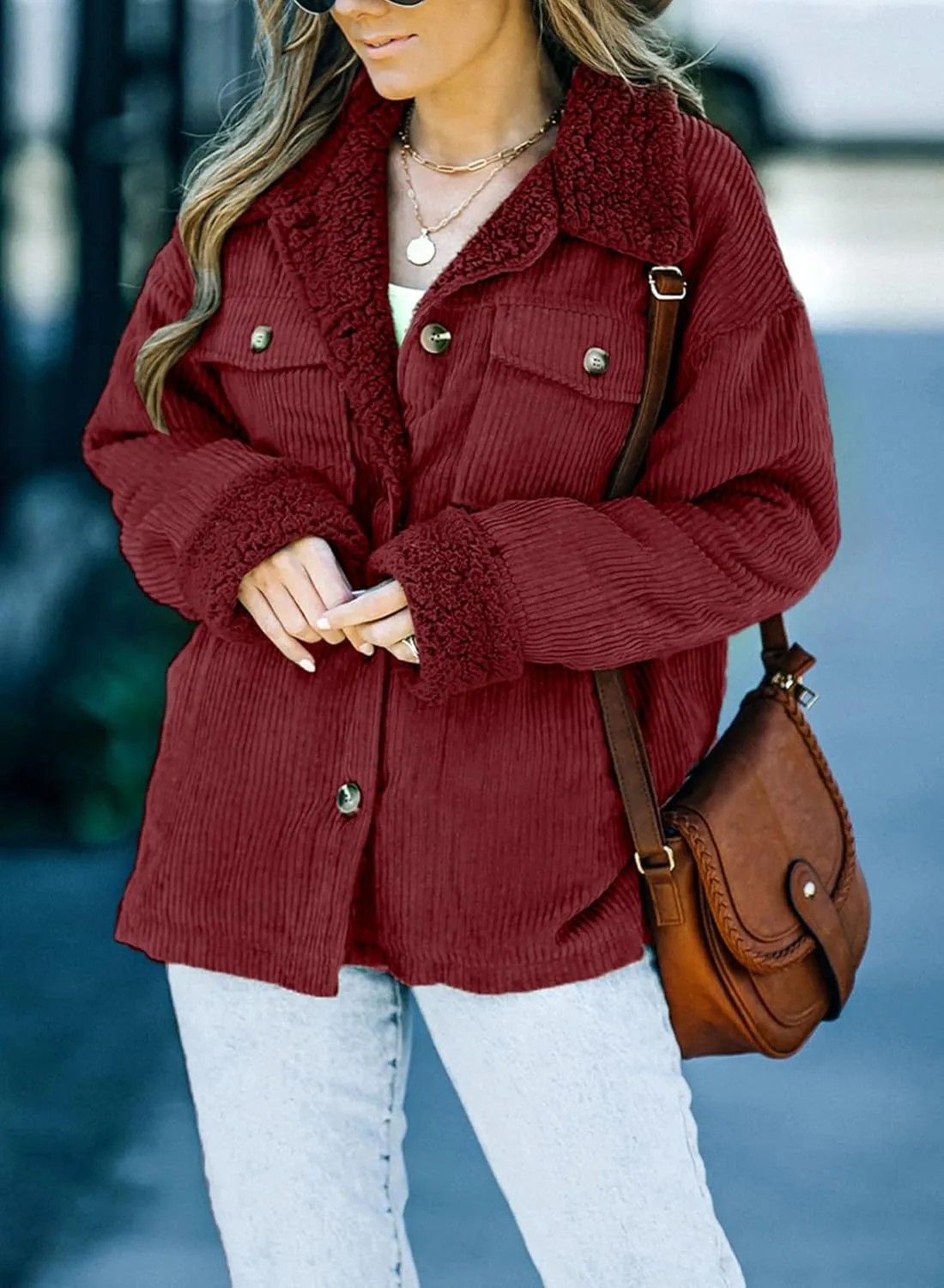 Dokotoo Corduroy Sherpa Jacket for Women Button Down Fleece Fur Collar Winter Warm Coat
