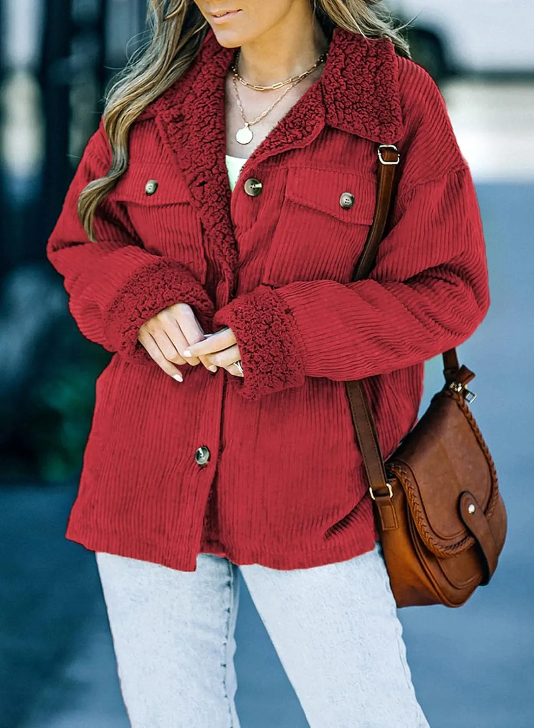 Dokotoo Corduroy Sherpa Jacket for Women Button Down Fleece Fur Collar Winter Warm Coat