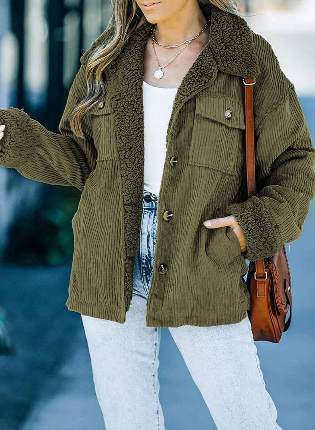 Dokotoo Corduroy Sherpa Jacket for Women Button Down Fleece Fur Collar Winter Warm Coat