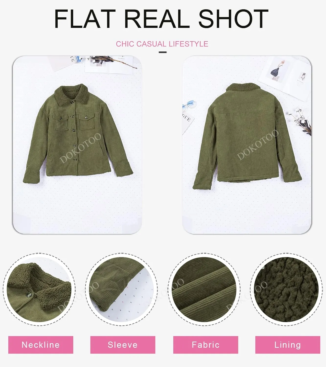 Dokotoo Corduroy Sherpa Jacket for Women Button Down Fleece Fur Collar Winter Warm Coat