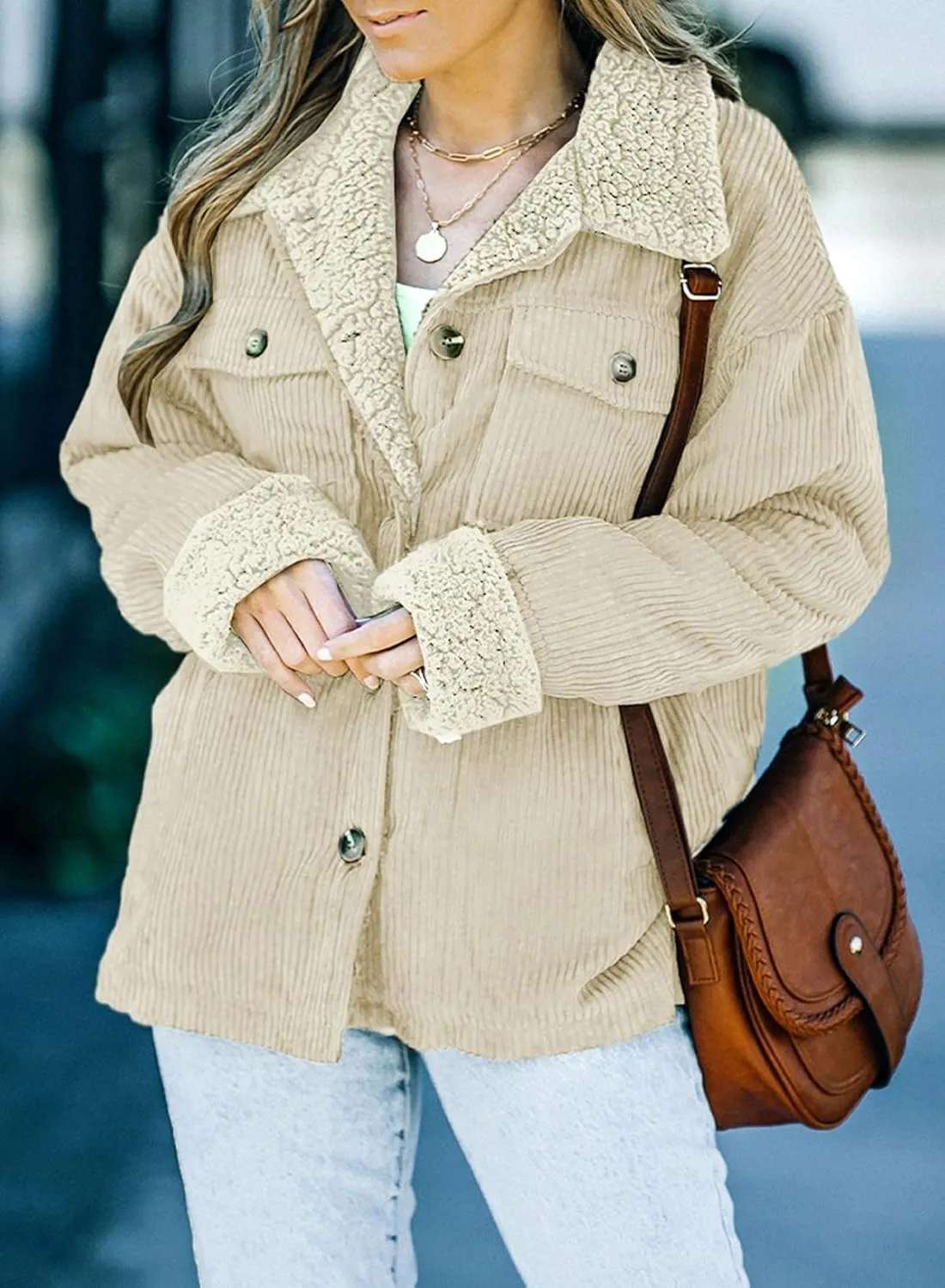 Dokotoo Corduroy Sherpa Jacket for Women Button Down Fleece Fur Collar Winter Warm Coat