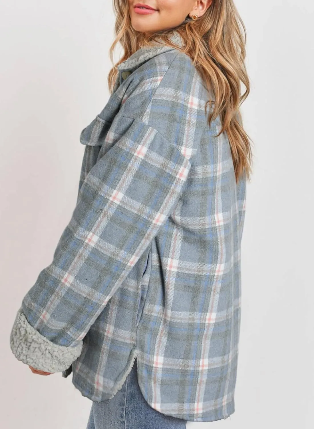 Dokotoo Winter Coats for Women Button Down Plaid Flannel Shirts Warm Sherpa Fleece Jacket