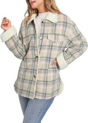 Dokotoo Winter Coats for Women Button Down Plaid Flannel Shirts Warm Sherpa Fleece Jacket