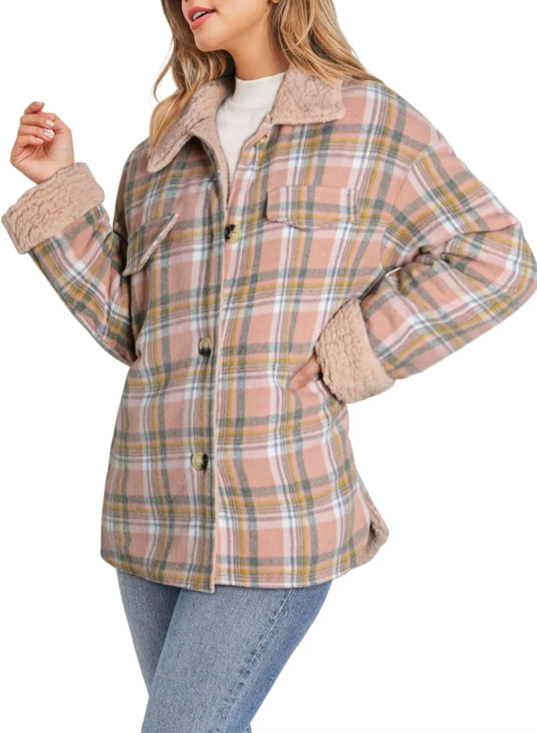 Dokotoo Winter Coats for Women Button Down Plaid Flannel Shirts Warm Sherpa Fleece Jacket