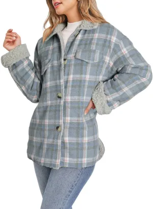 Dokotoo Winter Coats for Women Button Down Plaid Flannel Shirts Warm Sherpa Fleece Jacket