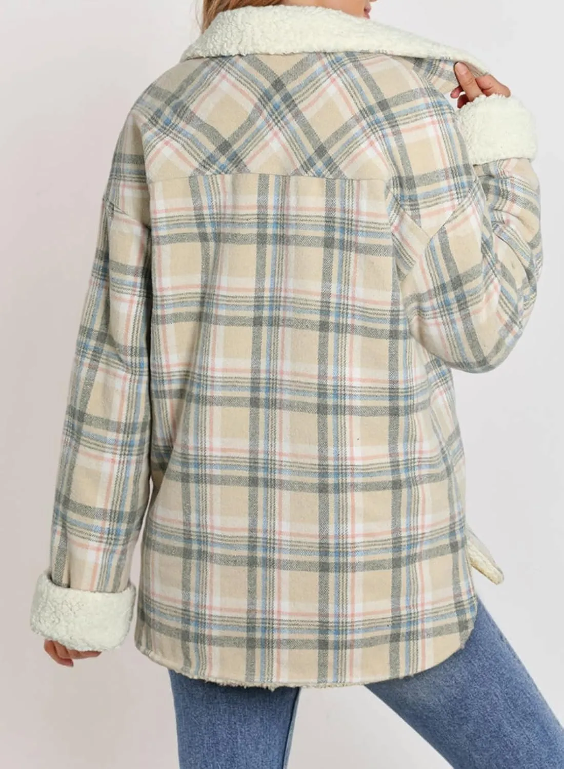 Dokotoo Winter Coats for Women Button Down Plaid Flannel Shirts Warm Sherpa Fleece Jacket