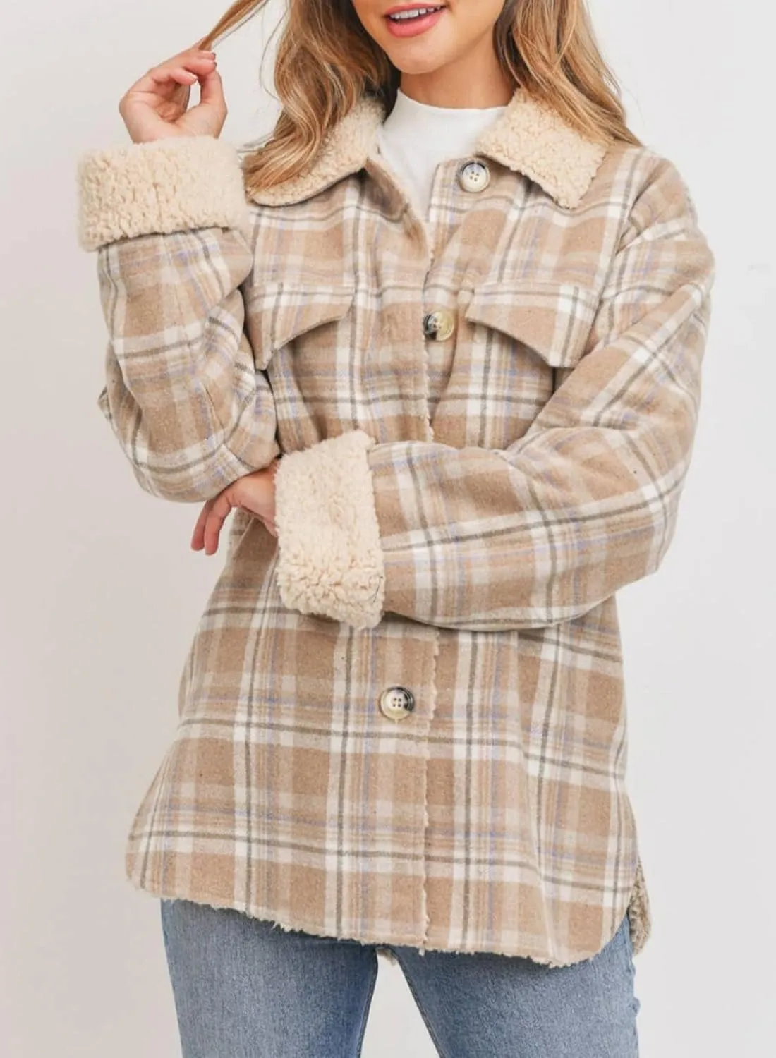 Dokotoo Winter Coats for Women Button Down Plaid Flannel Shirts Warm Sherpa Fleece Jacket