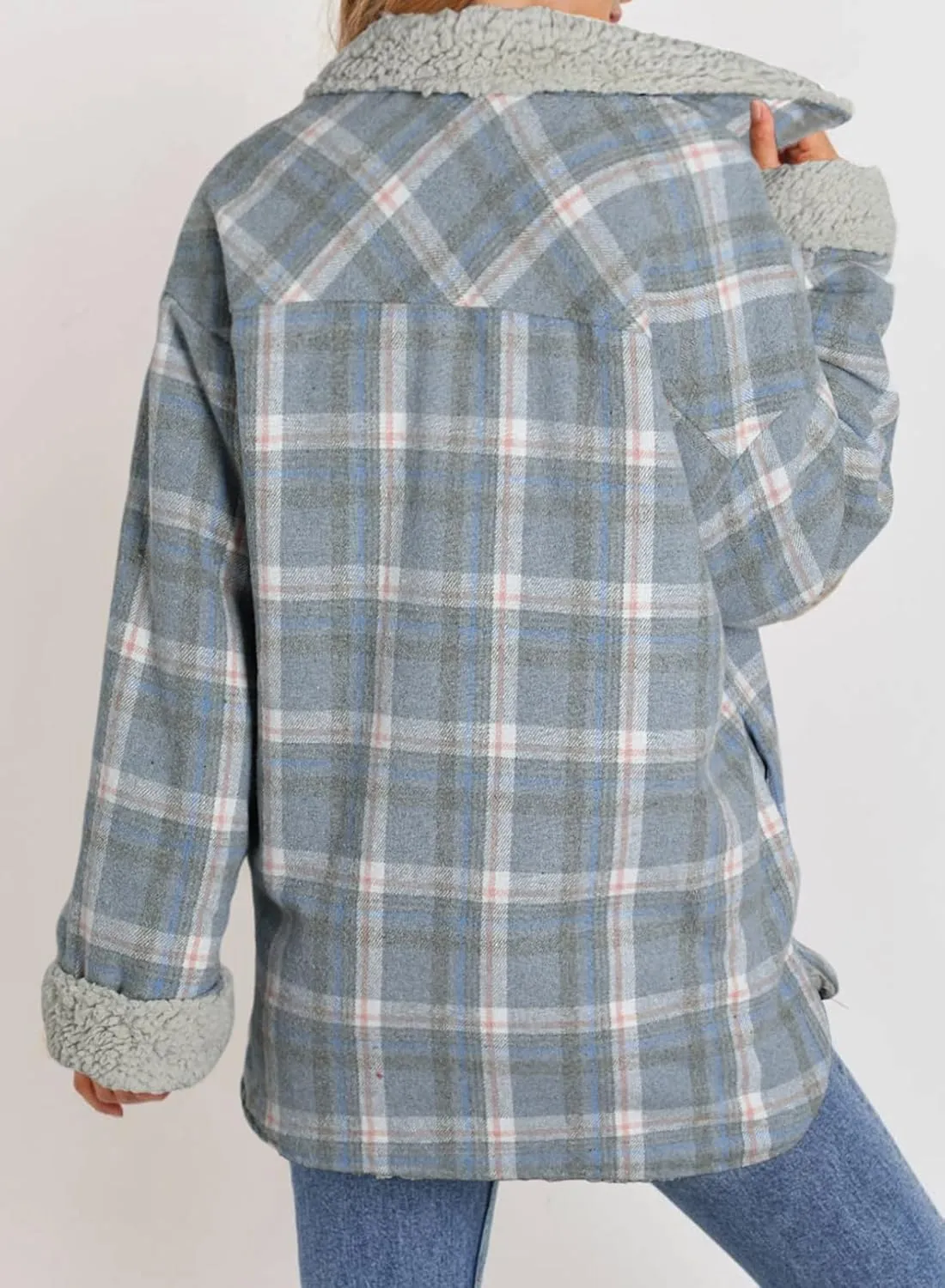 Dokotoo Winter Coats for Women Button Down Plaid Flannel Shirts Warm Sherpa Fleece Jacket