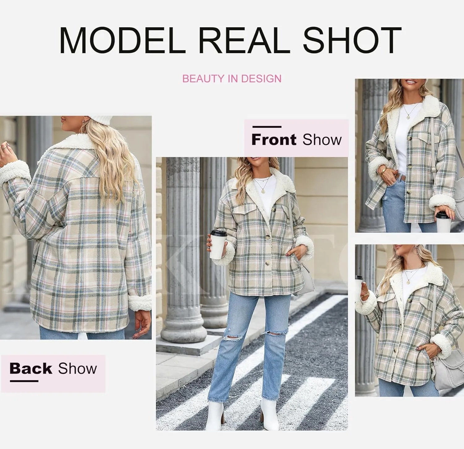 Dokotoo Winter Coats for Women Button Down Plaid Flannel Shirts Warm Sherpa Fleece Jacket