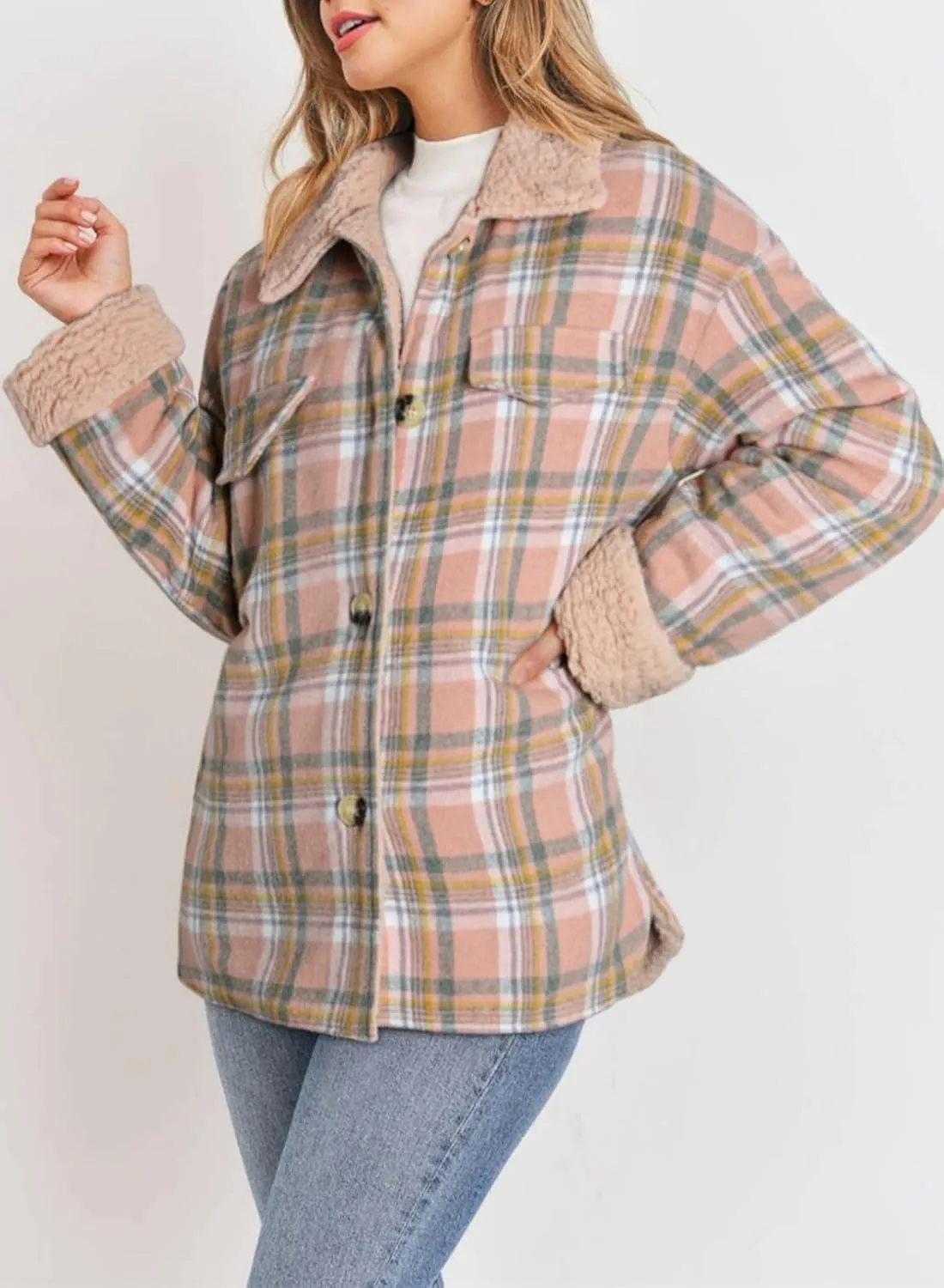 Dokotoo Winter Coats for Women Button Down Plaid Flannel Shirts Warm Sherpa Fleece Jacket