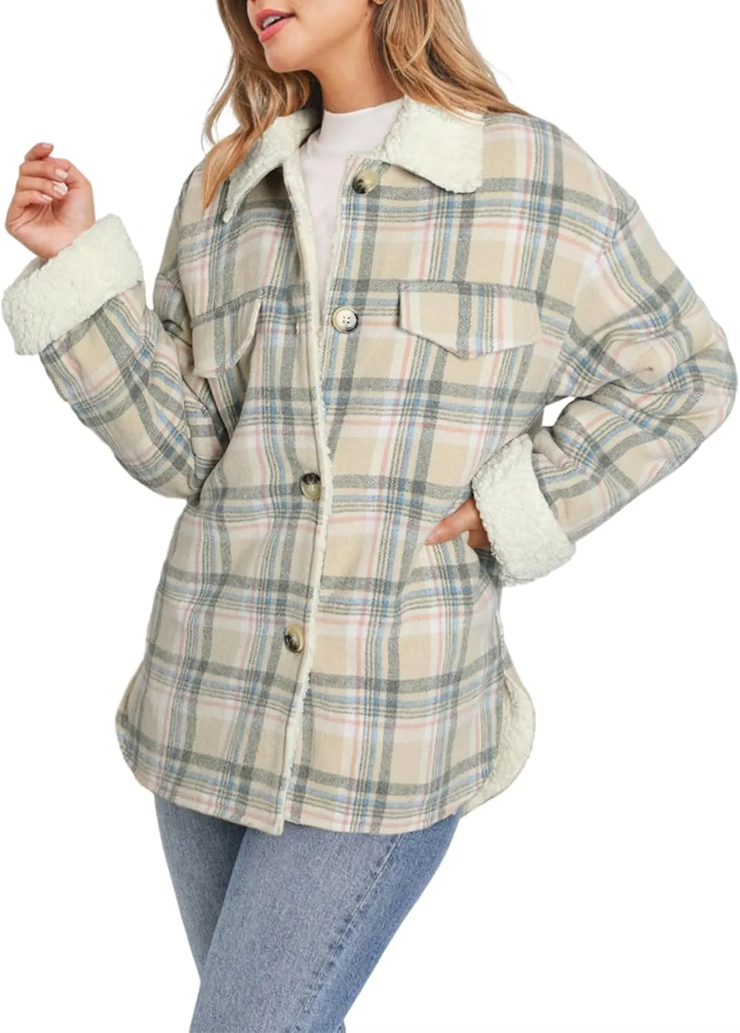 Dokotoo Winter Coats for Women Button Down Plaid Flannel Shirts Warm Sherpa Fleece Jacket