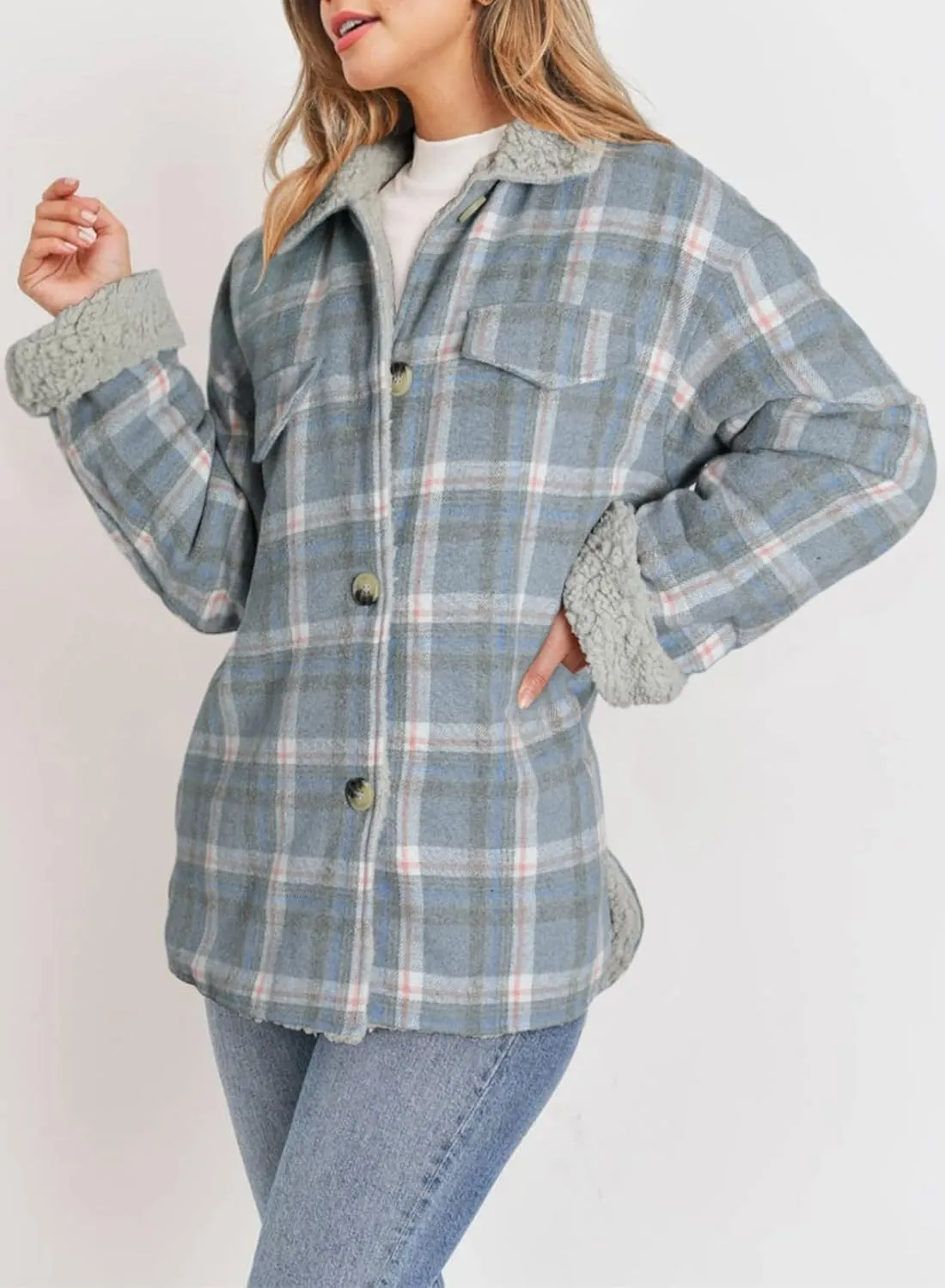 Dokotoo Winter Coats for Women Button Down Plaid Flannel Shirts Warm Sherpa Fleece Jacket