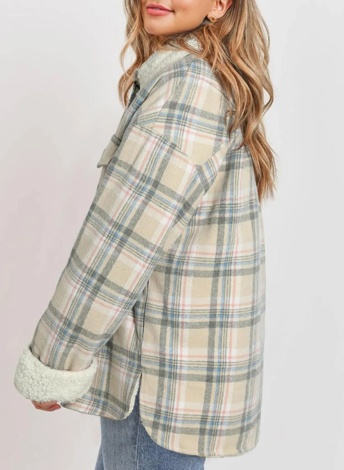 Dokotoo Winter Coats for Women Button Down Plaid Flannel Shirts Warm Sherpa Fleece Jacket