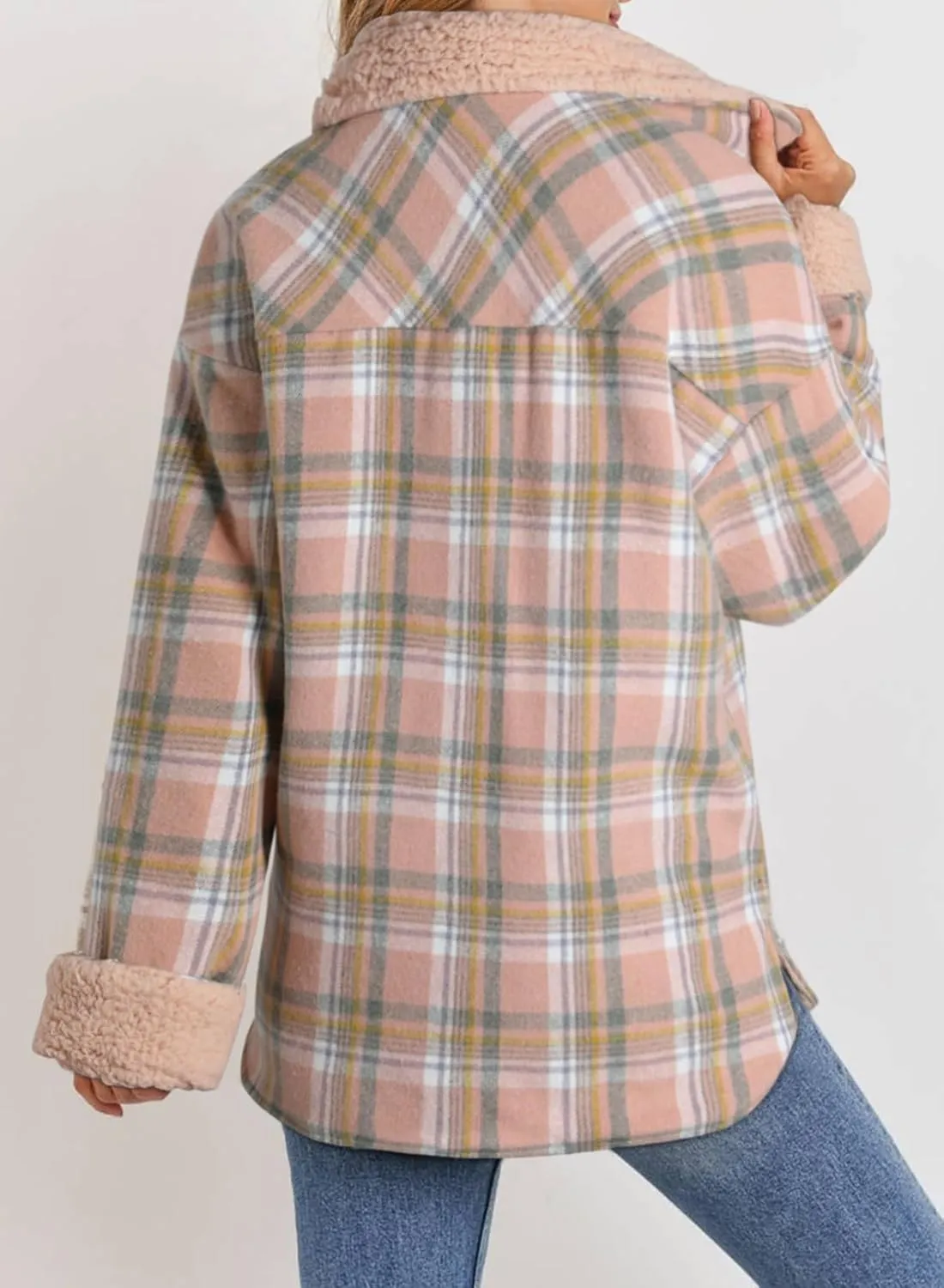 Dokotoo Winter Coats for Women Button Down Plaid Flannel Shirts Warm Sherpa Fleece Jacket