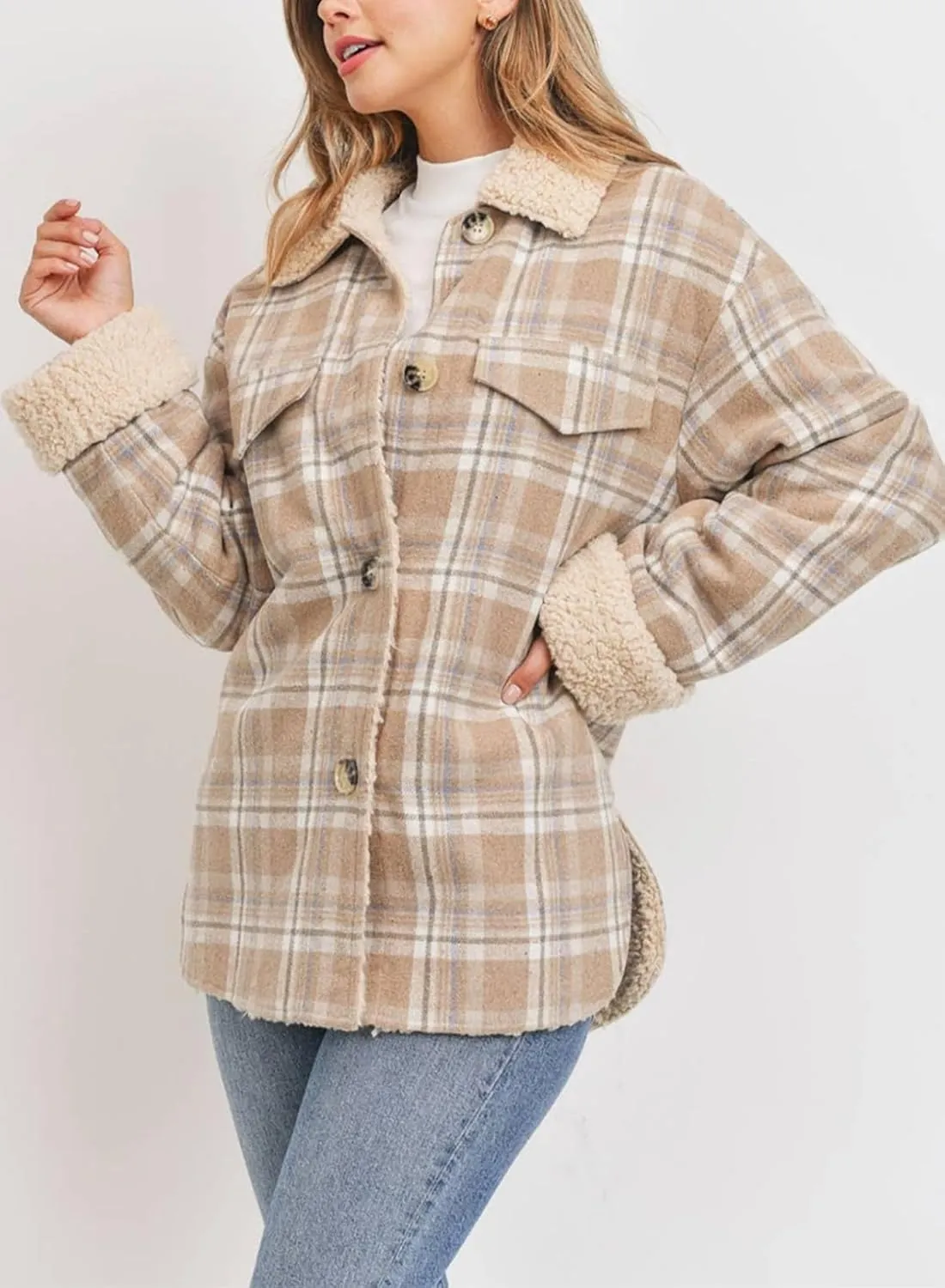 Dokotoo Winter Coats for Women Button Down Plaid Flannel Shirts Warm Sherpa Fleece Jacket