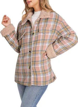 Dokotoo Winter Coats for Women Button Down Plaid Flannel Shirts Warm Sherpa Fleece Jacket