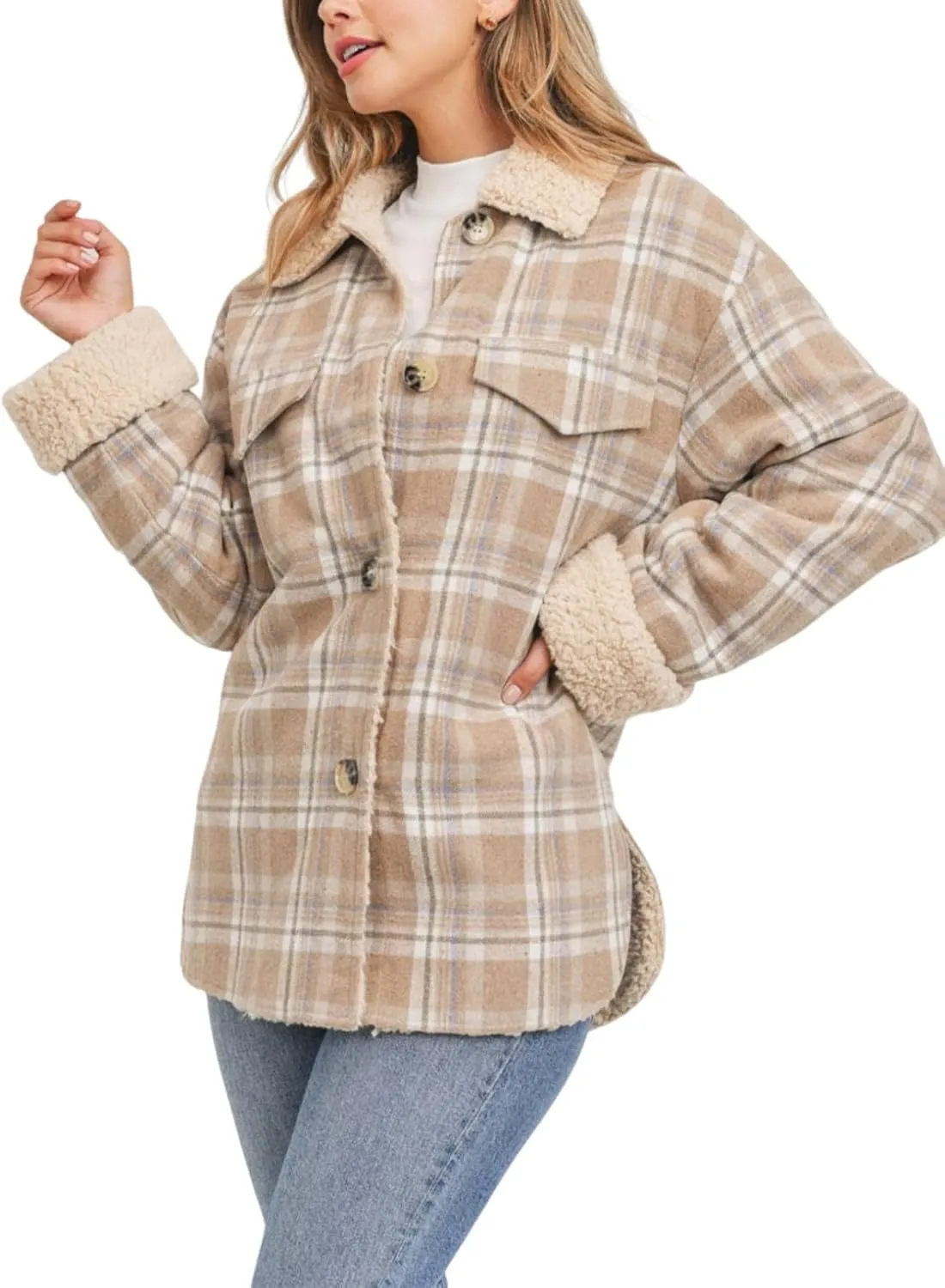 Dokotoo Winter Coats for Women Button Down Plaid Flannel Shirts Warm Sherpa Fleece Jacket