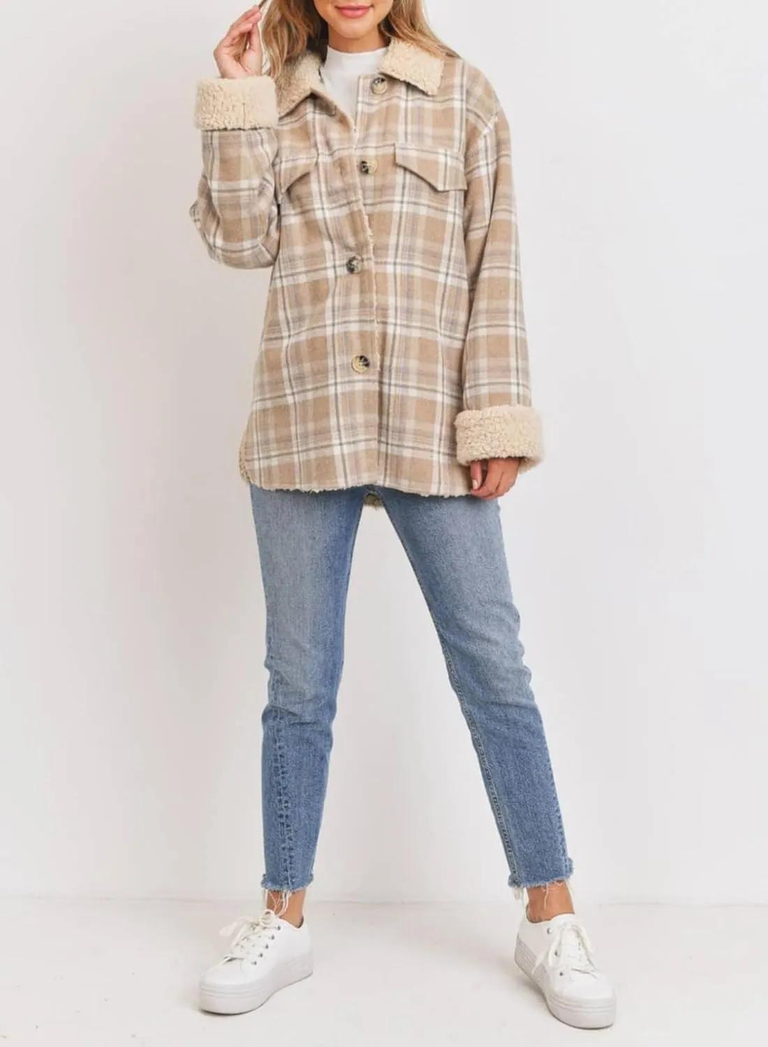 Dokotoo Winter Coats for Women Button Down Plaid Flannel Shirts Warm Sherpa Fleece Jacket