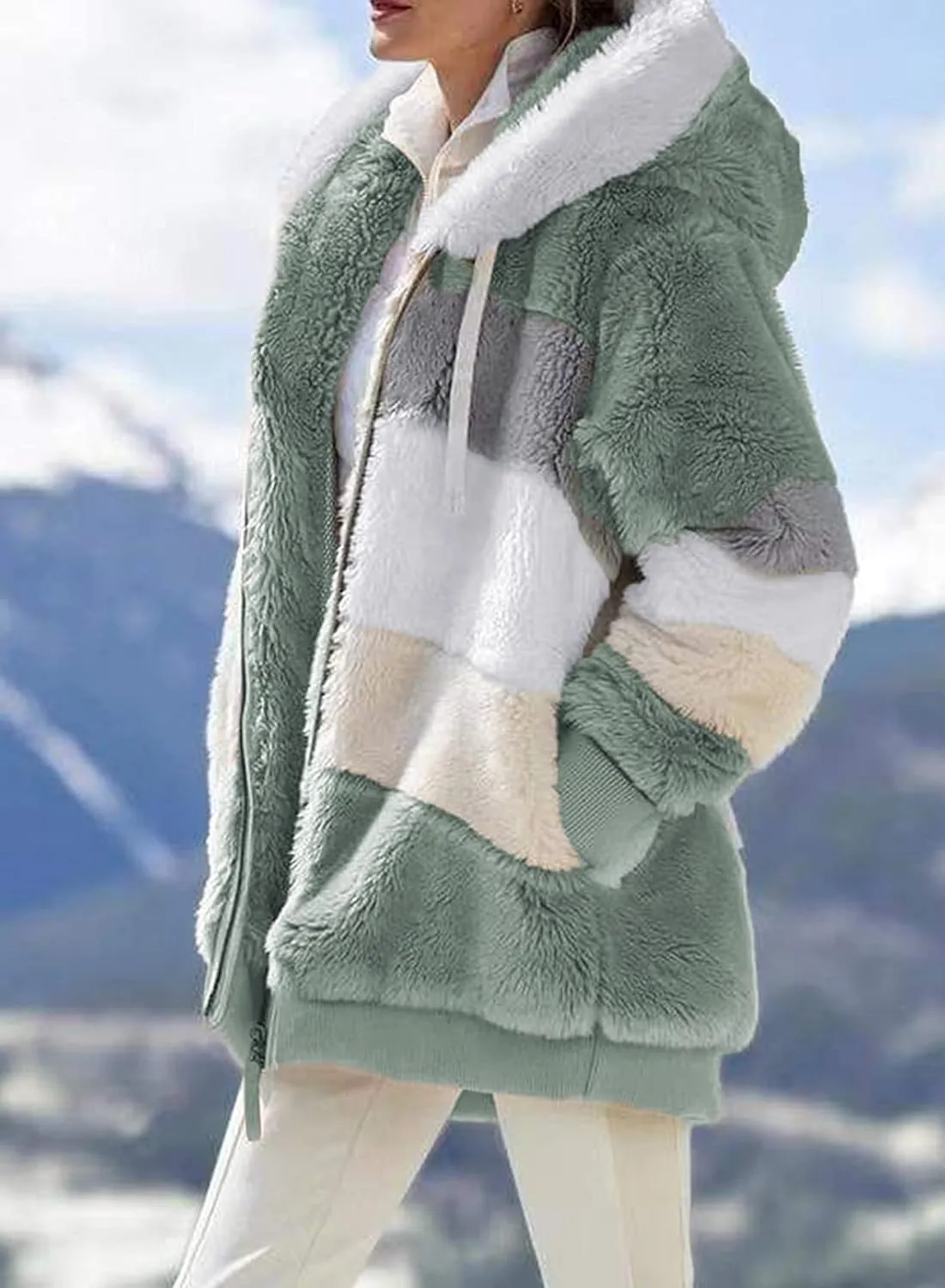 Dokotoo Womens 2024 Winter Fuzzy Fleece Jacket Hooded Color Block Patchwork Cardigan Coats Outerwear with Pockets