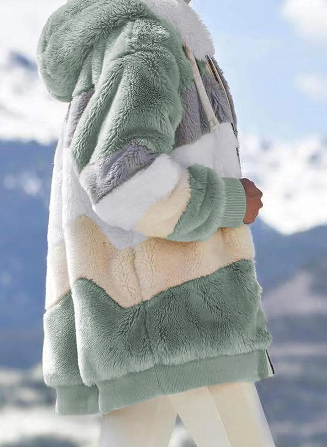 Dokotoo Womens 2024 Winter Fuzzy Fleece Jacket Hooded Color Block Patchwork Cardigan Coats Outerwear with Pockets