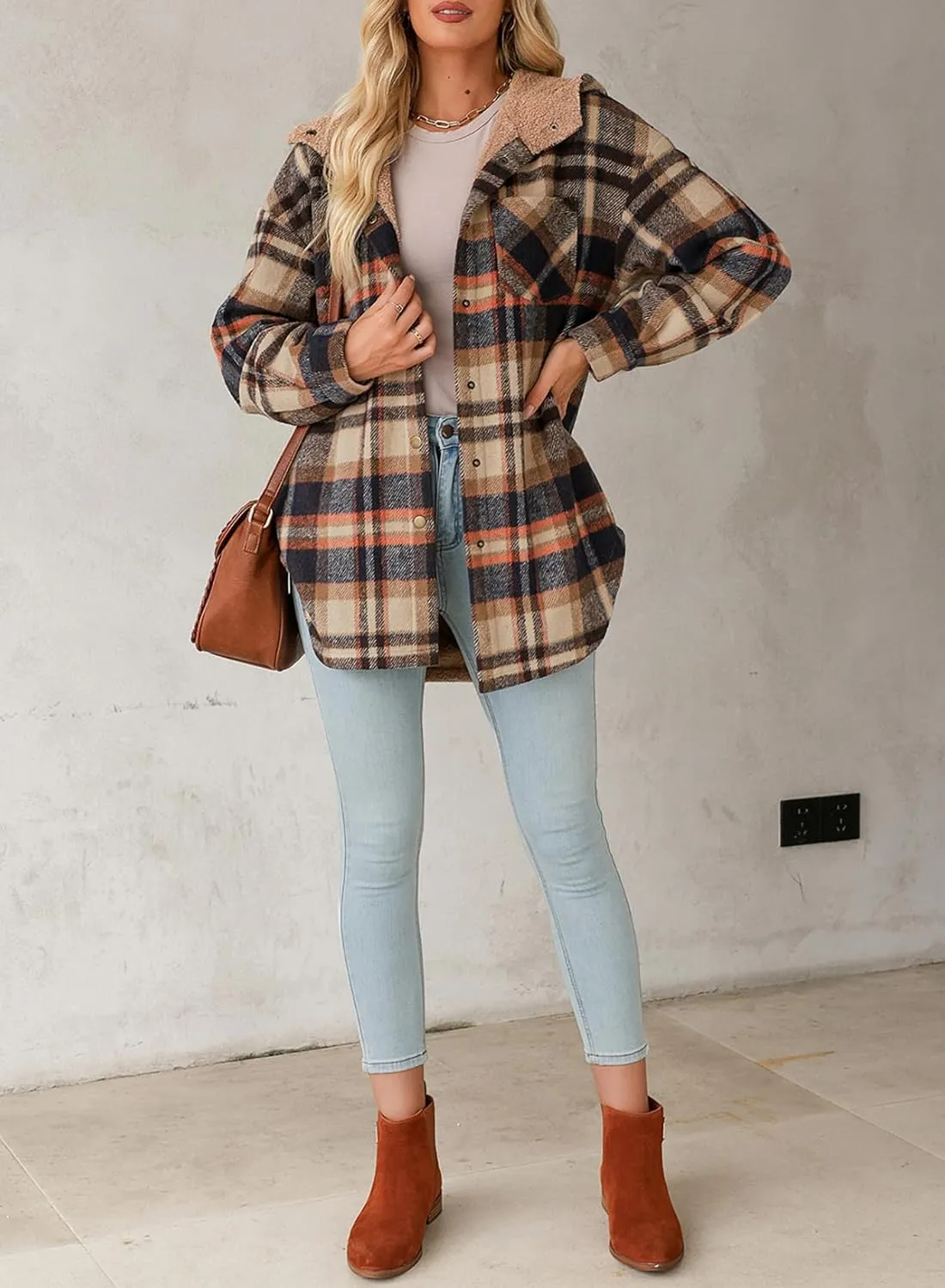 Dokotoo Women's Flannel Hooded Plaid 2024 Shacket Thick Coat Winter Coat for Warmth Button down Warm and Fuzzy Fleece Jacket