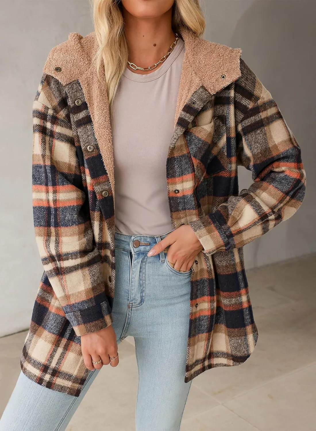 Dokotoo Women's Flannel Hooded Plaid 2024 Shacket Thick Coat Winter Coat for Warmth Button down Warm and Fuzzy Fleece Jacket