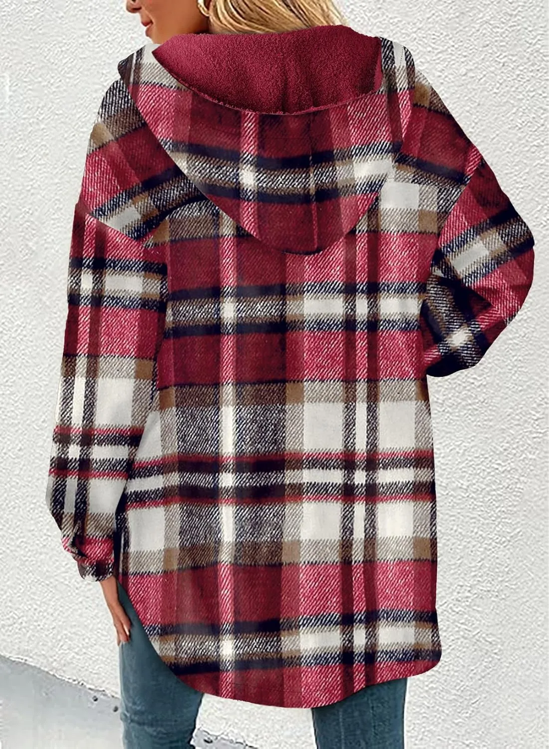 Dokotoo Women's Flannel Hooded Plaid 2024 Shacket Thick Coat Winter Coat for Warmth Button down Warm and Fuzzy Fleece Jacket