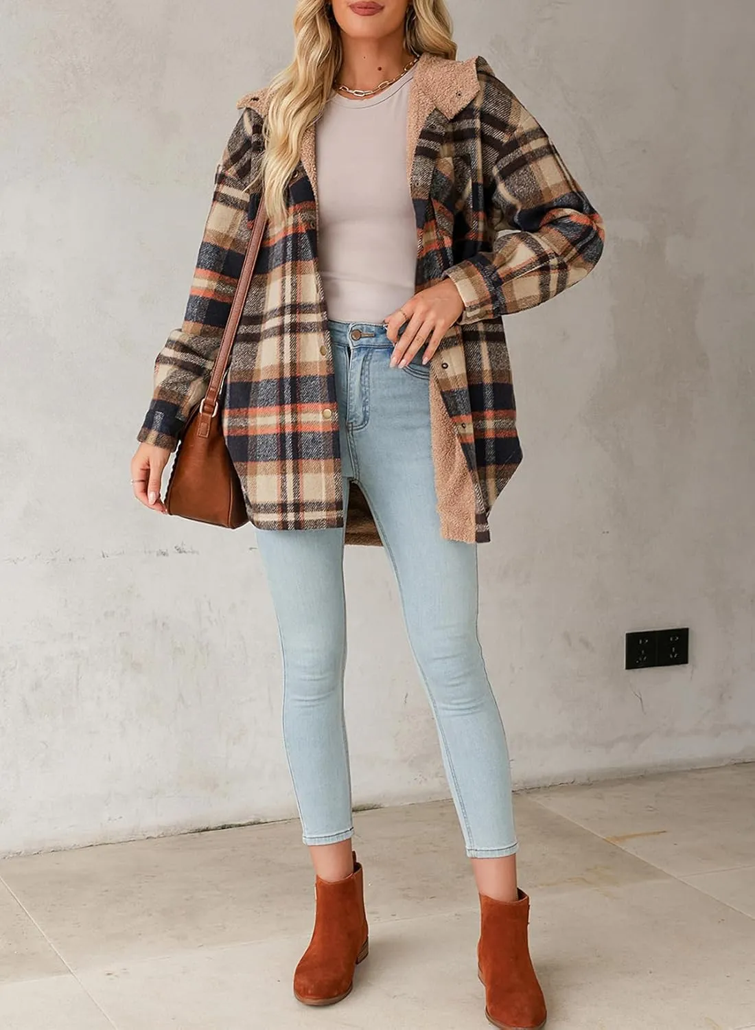 Dokotoo Women's Flannel Hooded Plaid 2024 Shacket Thick Coat Winter Coat for Warmth Button down Warm and Fuzzy Fleece Jacket