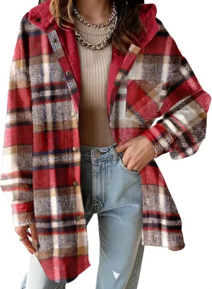 Dokotoo Women's Flannel Hooded Plaid 2024 Shacket Thick Coat Winter Coat for Warmth Button down Warm and Fuzzy Fleece Jacket
