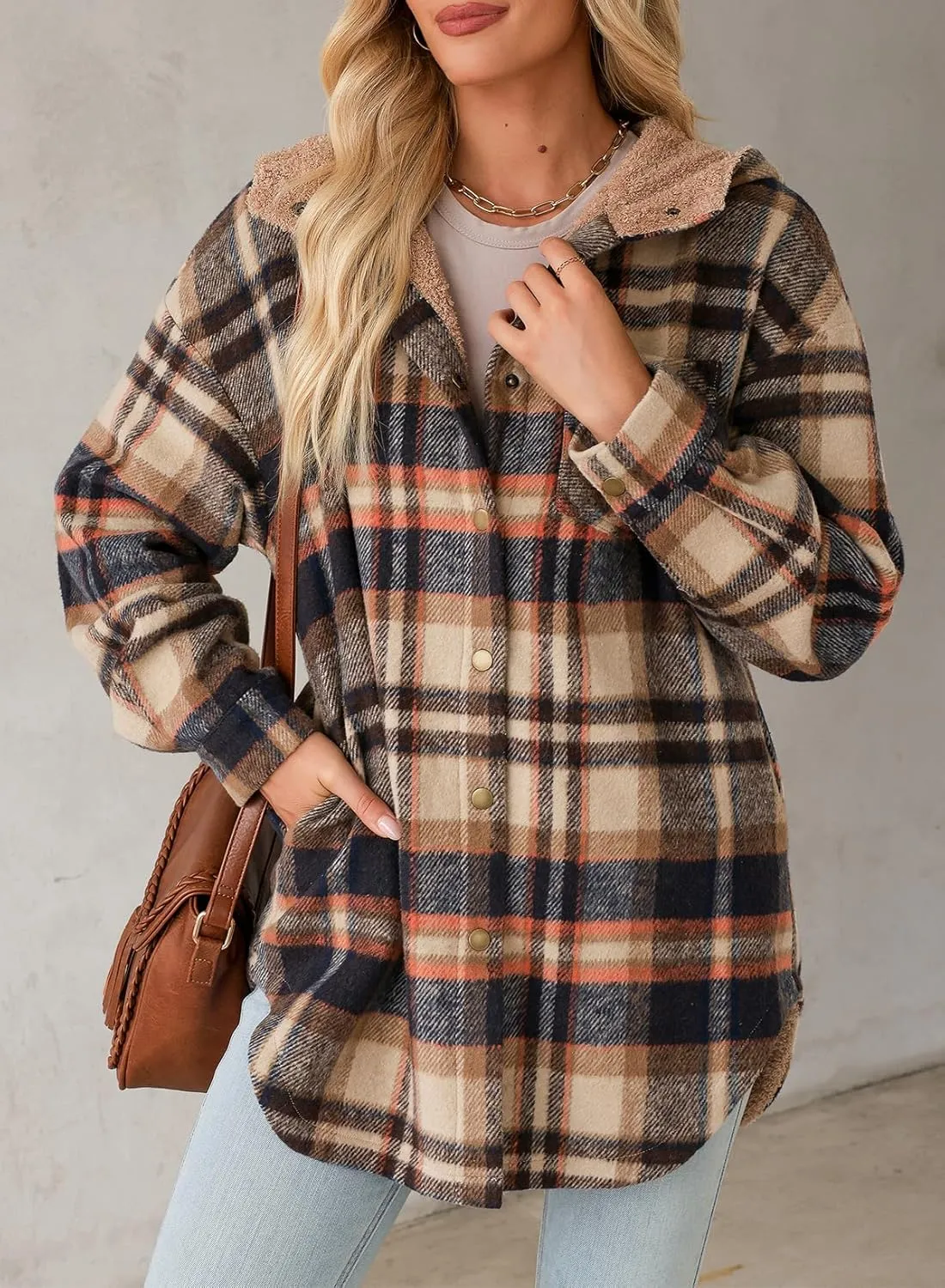 Dokotoo Women's Flannel Hooded Plaid 2024 Shacket Thick Coat Winter Coat for Warmth Button down Warm and Fuzzy Fleece Jacket