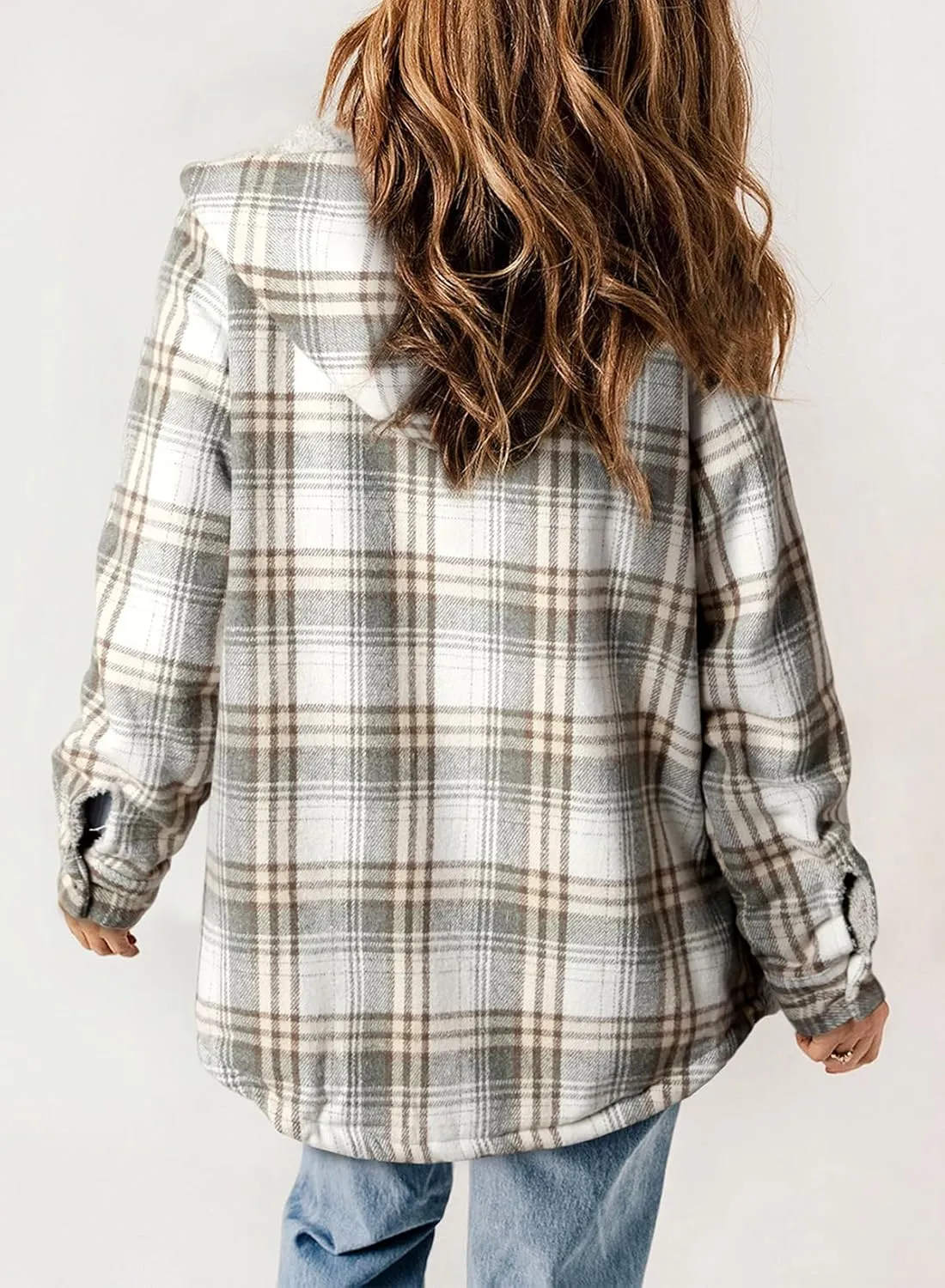Dokotoo Womens Plaid Shacket Jacket Long Sleeve Button Down Fleece Hooded Jackets Warm Coat
