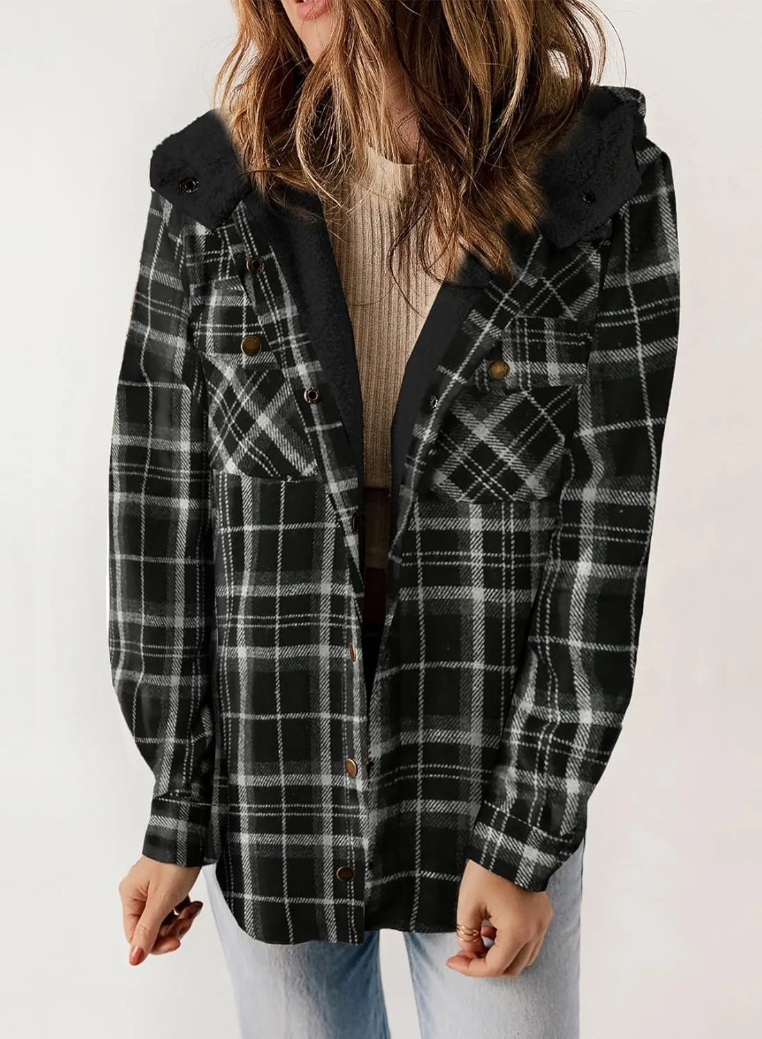Dokotoo Womens Plaid Shacket Jacket Long Sleeve Button Down Fleece Hooded Jackets Warm Coat