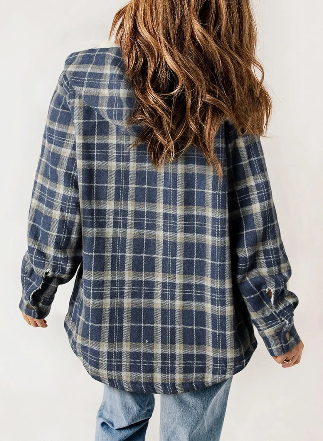 Dokotoo Womens Plaid Shacket Jacket Long Sleeve Button Down Fleece Hooded Jackets Warm Coat