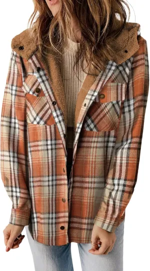 Dokotoo Womens Plaid Shacket Jacket Long Sleeve Button Down Fleece Hooded Jackets Warm Coat